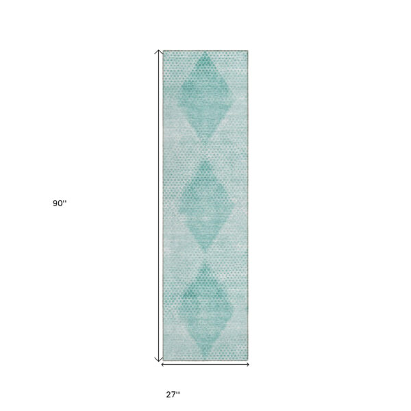 8' Runner Teal Geometric Washable Non Skid Indoor Outdoor Runner Rug