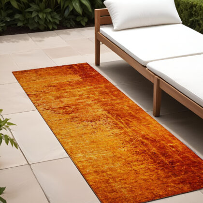 8' Runner Orange Abstract Washable Non Skid Indoor Outdoor Runner Rug