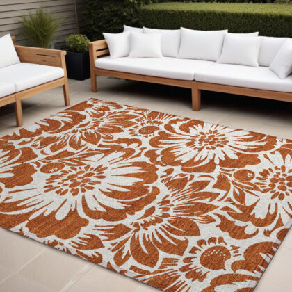 8' X 10' Rust and Ivory Floral Washable Non Skid Indoor Outdoor Area Rug