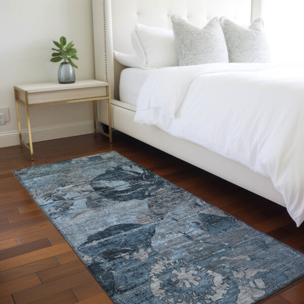 2' X 8' Blue and Dark Blue Abstract Washable Indoor Outdoor Runner Rug