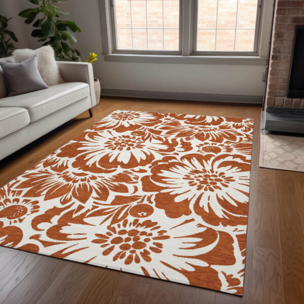 8' X 10' Rust and Ivory Floral Washable Non Skid Indoor Outdoor Area Rug