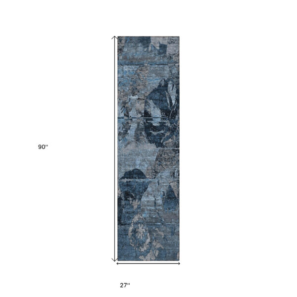 2' X 8' Blue and Dark Blue Abstract Washable Indoor Outdoor Runner Rug