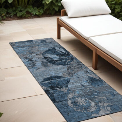 2' X 8' Blue and Dark Blue Abstract Washable Indoor Outdoor Runner Rug
