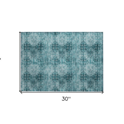 2' X 3' Teal Floral Medallion Washable Non Skid Indoor Outdoor Area Rug