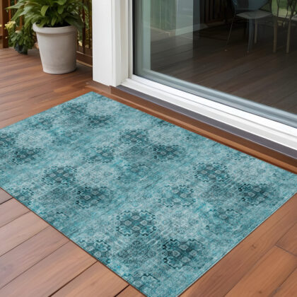 2' X 3' Teal Floral Medallion Washable Non Skid Indoor Outdoor Area Rug