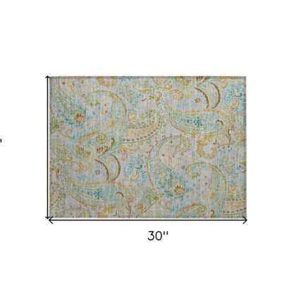 2' X 3' Gray and Gold Paisley Washable Non Skid Indoor Outdoor Area Rug