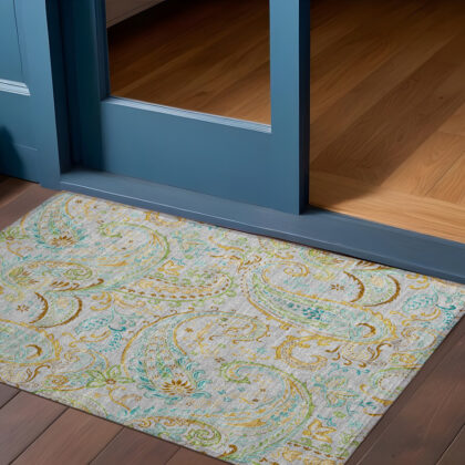 2' X 3' Gray and Gold Paisley Washable Non Skid Indoor Outdoor Area Rug