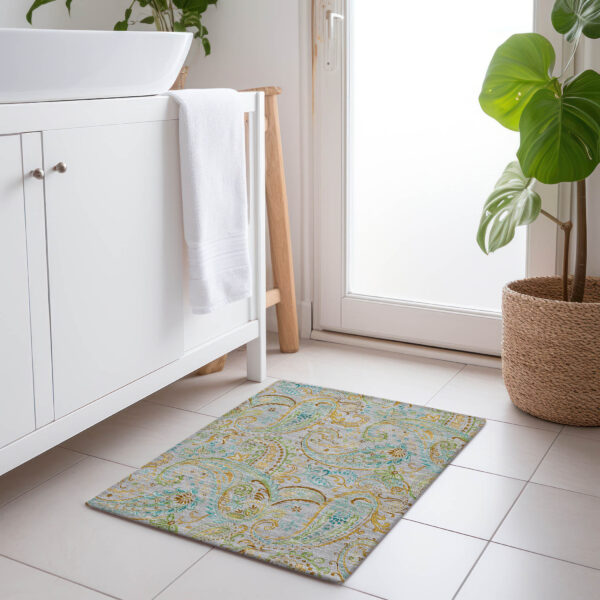 2' X 3' Gray and Gold Paisley Washable Non Skid Indoor Outdoor Area Rug