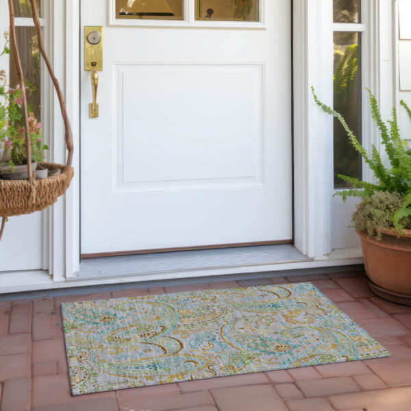 2' X 3' Gray and Gold Paisley Washable Non Skid Indoor Outdoor Area Rug