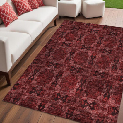 5' X 8' Burgundy and Black Floral Medallion Washable Non Skid Indoor Outdoor Area Rug
