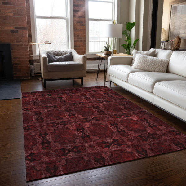5' X 8' Burgundy and Black Floral Medallion Washable Non Skid Indoor Outdoor Area Rug