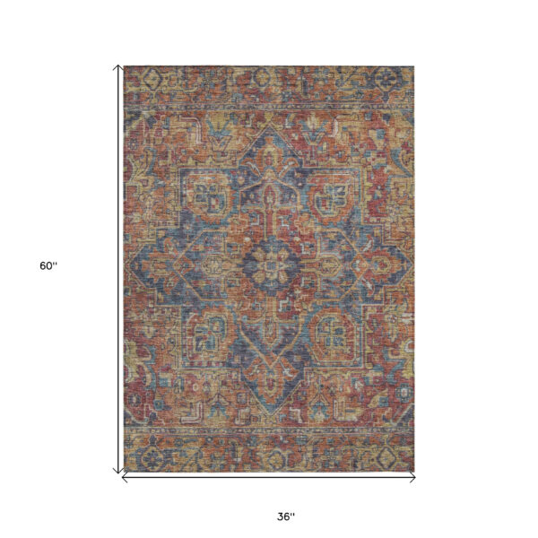 3' X 5' Red Orange and Blue Oriental Washable Non Skid Indoor Outdoor Area Rug