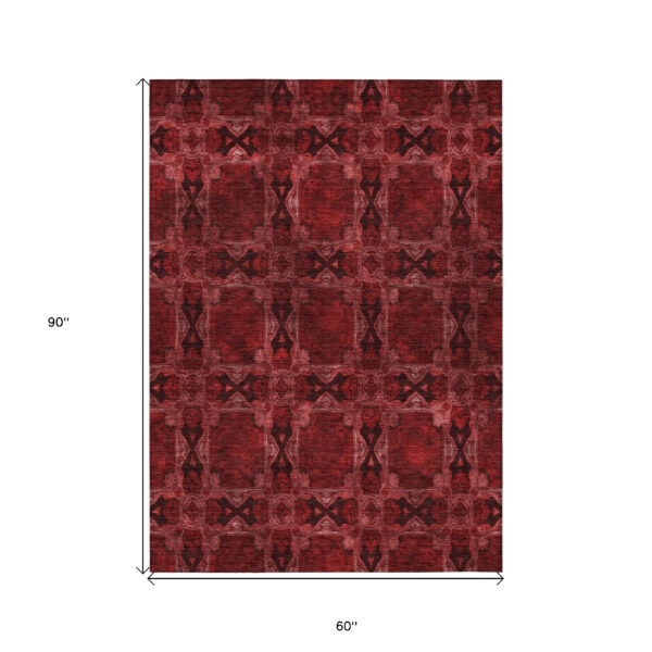 5' X 8' Burgundy and Black Floral Medallion Washable Non Skid Indoor Outdoor Area Rug