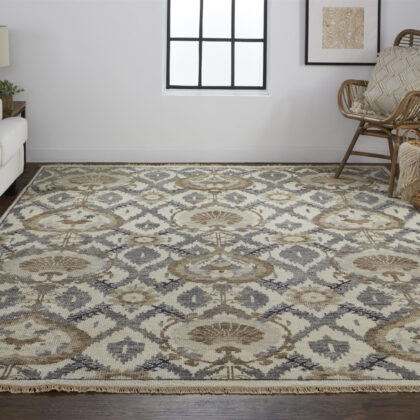 12' X 15' Ivory Gray And Taupe Wool Floral Hand Knotted Stain Resistant Area Rug