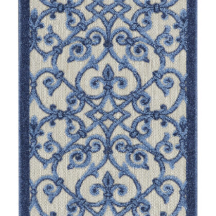 2' X 8' Blue And Gray Floral Indoor Outdoor Area Rug