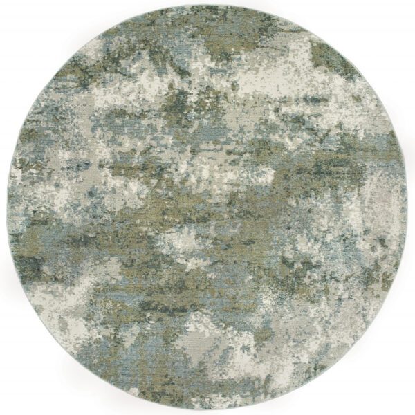 8’ Round Blue And Sage Distressed Waves Indoor Area Rug