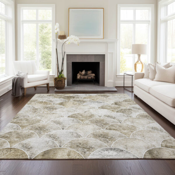 9' X 12' Beige Ivory And Tan Abstract Washable Indoor Outdoor Area Rug