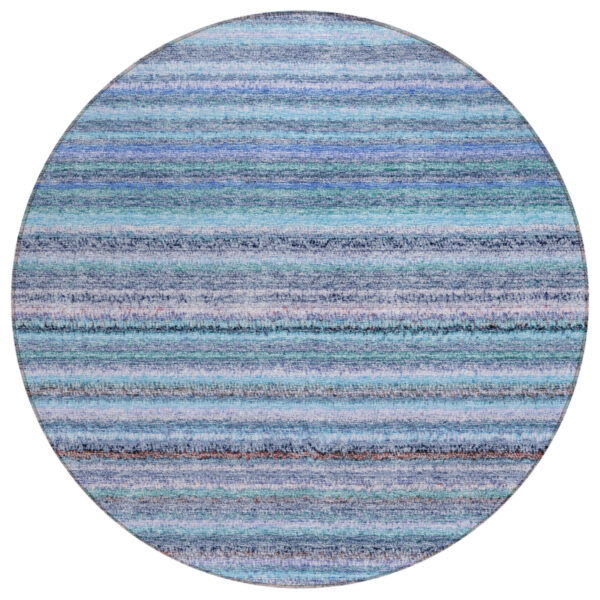 8' Sky Blue And Navy Blue Round Striped Washable Indoor Outdoor Area Rug