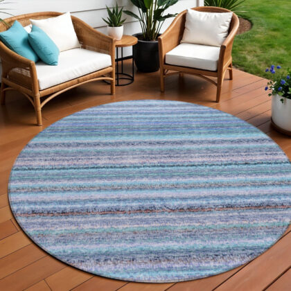 8' Sky Blue And Navy Blue Round Striped Washable Indoor Outdoor Area Rug