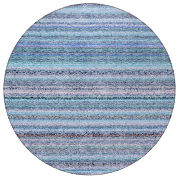 8' Sky Blue And Navy Blue Round Striped Washable Indoor Outdoor Area Rug