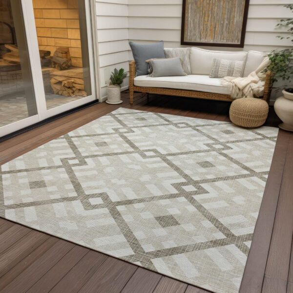 3' X 5' Beige Tan And Ivory Geometric Washable Indoor Outdoor Area Rug