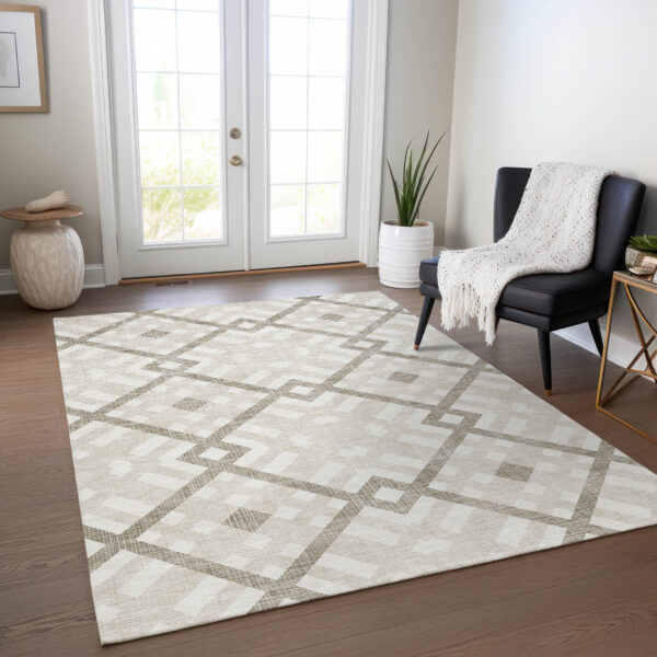 3' X 5' Beige Tan And Ivory Geometric Washable Indoor Outdoor Area Rug
