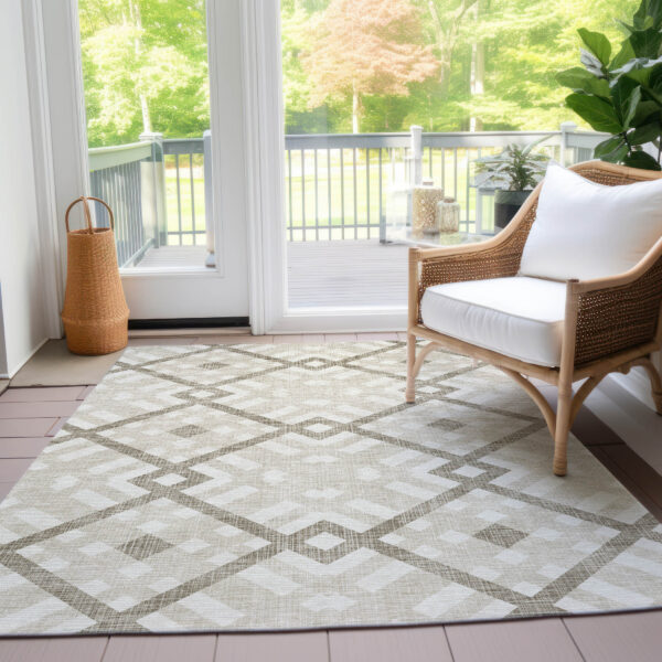 3' X 5' Beige Tan And Ivory Geometric Washable Indoor Outdoor Area Rug