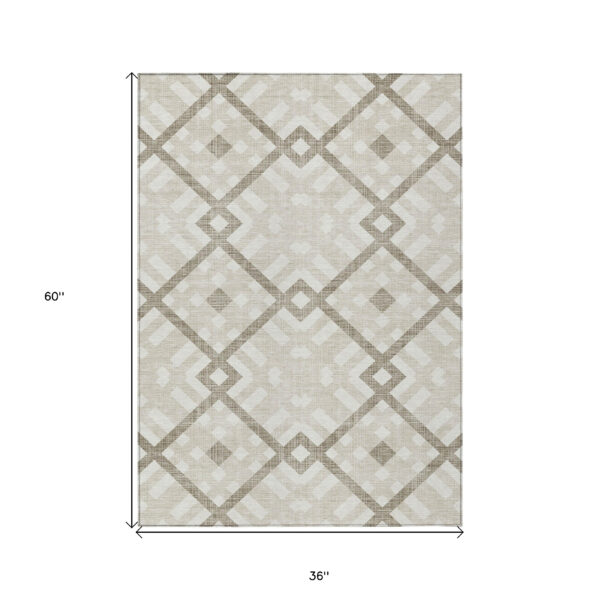 3' X 5' Beige Tan And Ivory Geometric Washable Indoor Outdoor Area Rug