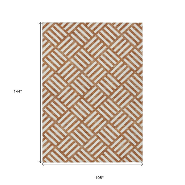 9' X 12' Orange And Ivory Geometric Washable Indoor Outdoor Area Rug