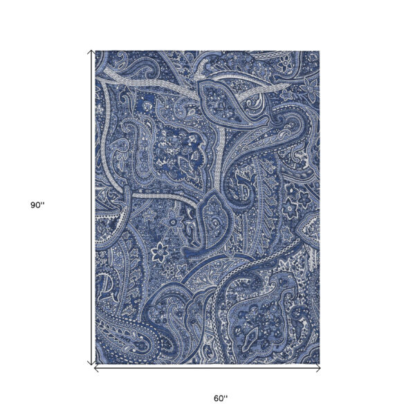 5' X 8' Navy Blue And Sky Blue Paisley Washable Indoor Outdoor Area Rug