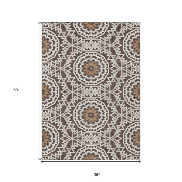 3' X 5' Chocolate Ivory And Taupe Floral Medallion Washable Indoor Outdoor Area Rug