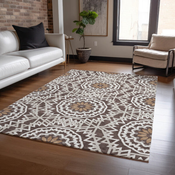 3' X 5' Chocolate Ivory And Taupe Floral Medallion Washable Indoor Outdoor Area Rug