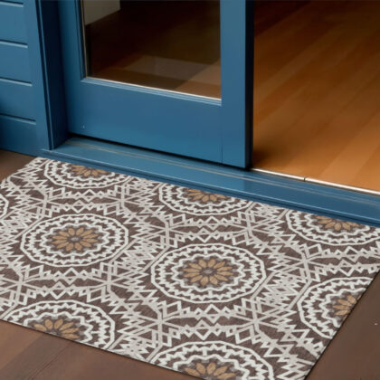 3' X 5' Chocolate Ivory And Taupe Floral Medallion Washable Indoor Outdoor Area Rug