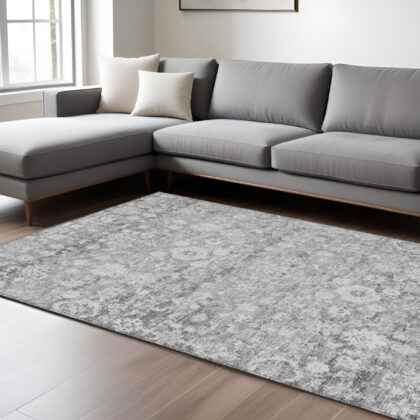 9' X 12' Silver Gray And Pewter Oriental Washable Indoor Outdoor Area Rug