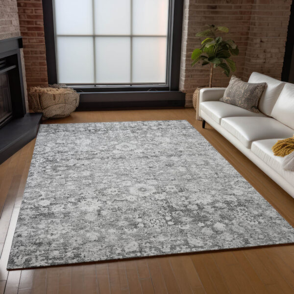9' X 12' Silver Gray And Pewter Oriental Washable Indoor Outdoor Area Rug
