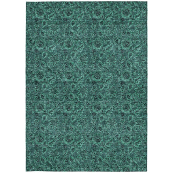 10' X 14' Teal Blue Green And Charcoal Floral Washable Indoor Outdoor Area Rug