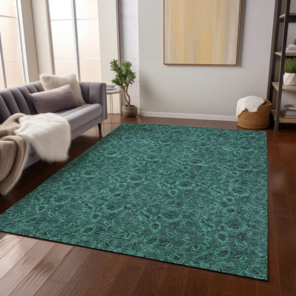 10' X 14' Teal Blue Green And Charcoal Floral Washable Indoor Outdoor Area Rug