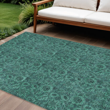10' X 14' Teal Blue Green And Charcoal Floral Washable Indoor Outdoor Area Rug