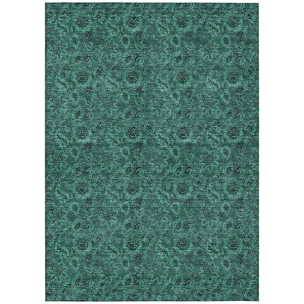 10' X 14' Teal Blue Green And Charcoal Floral Washable Indoor Outdoor Area Rug