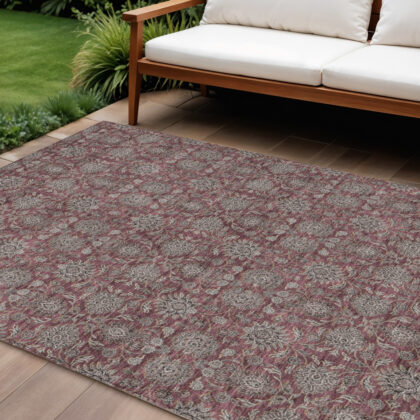 8' X 10' Merlot Gray And Taupe Floral Washable Indoor Outdoor Area Rug