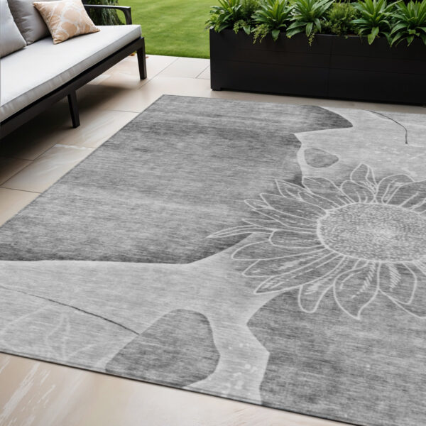 5' X 8' Gray Silver And Charcoal Floral Washable Indoor Outdoor Area Rug