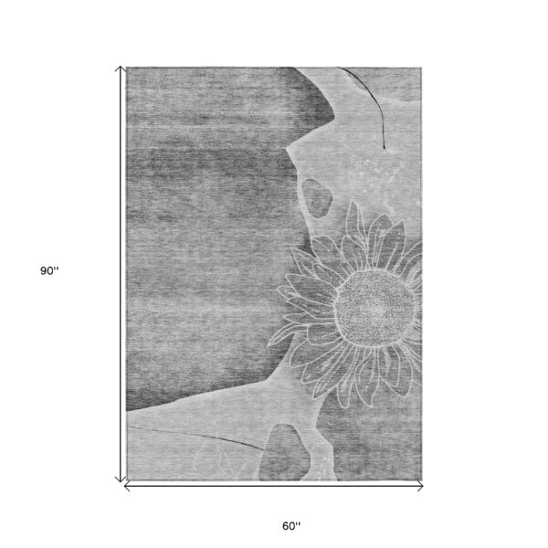 5' X 8' Gray Silver And Charcoal Floral Washable Indoor Outdoor Area Rug