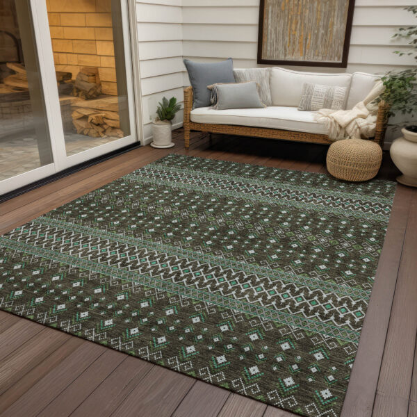 9' X 12' Brown Green And Olive Green Tribal Washable Indoor Outdoor Area Rug