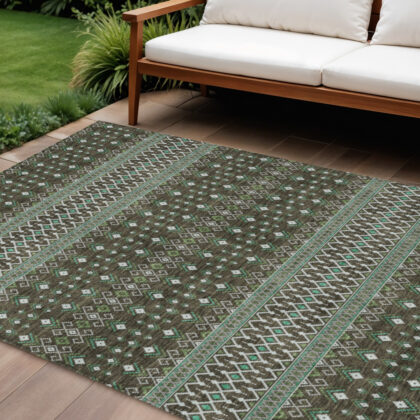 9' X 12' Brown Green And Olive Green Tribal Washable Indoor Outdoor Area Rug