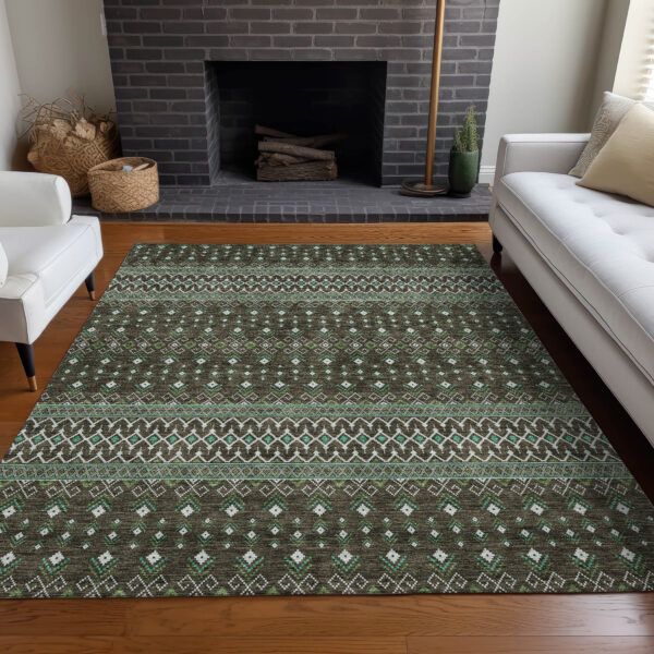 9' X 12' Brown Green And Olive Green Tribal Washable Indoor Outdoor Area Rug