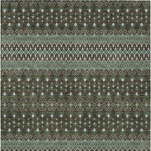 9' X 12' Brown Green And Olive Green Tribal Washable Indoor Outdoor Area Rug