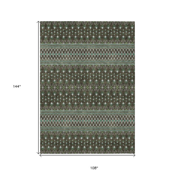 9' X 12' Brown Green And Olive Green Tribal Washable Indoor Outdoor Area Rug