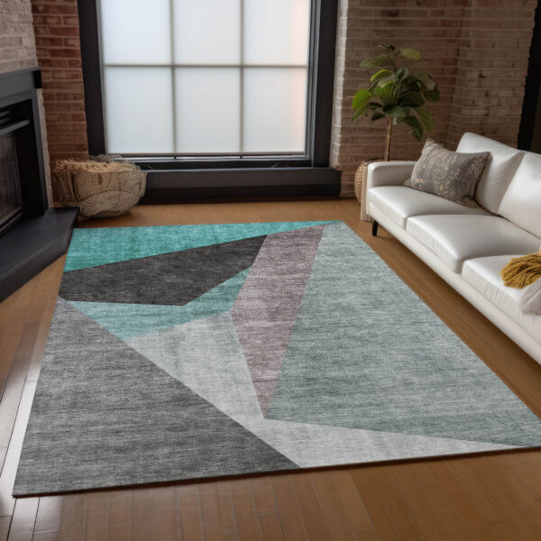 5' X 8' Teal Blue Aqua And Charcoal Abstract Washable Indoor Outdoor Area Rug