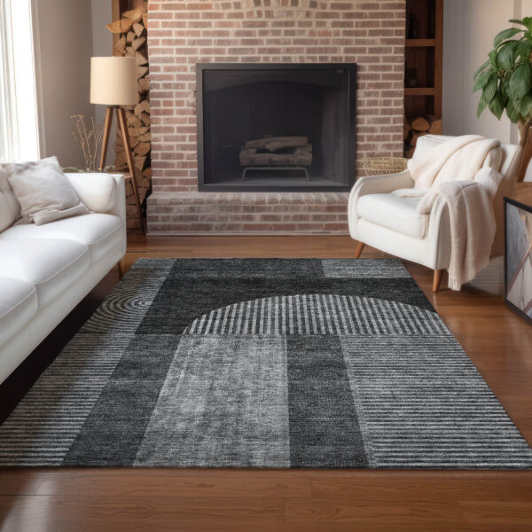 8' X 10' Charcoal Gray And Silver Geometric Washable Indoor Outdoor Area Rug