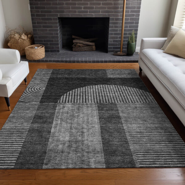 8' X 10' Charcoal Gray And Silver Geometric Washable Indoor Outdoor Area Rug